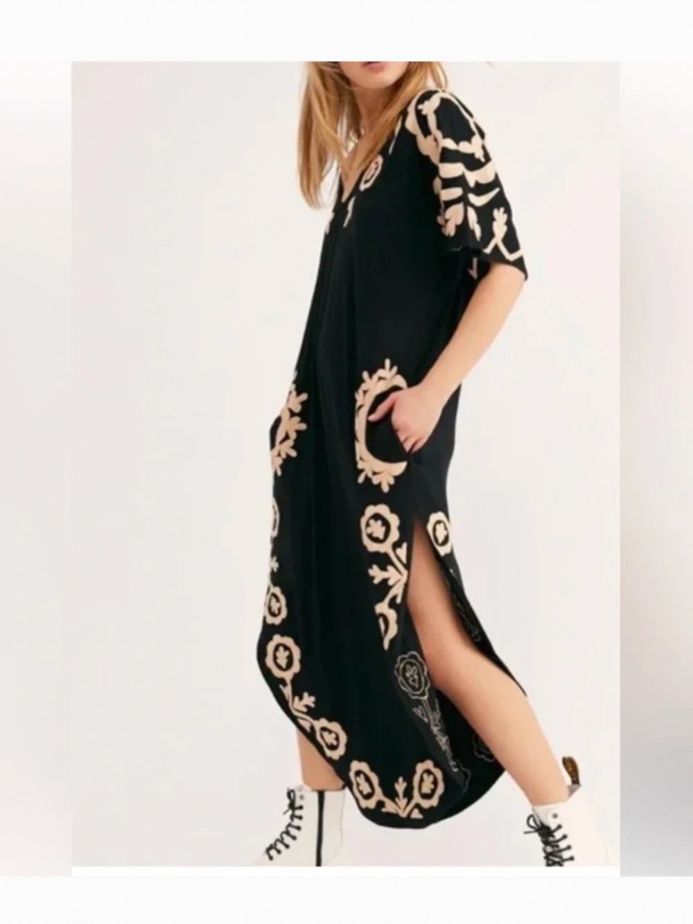 Free People Black & Cream Embroidered Caftan